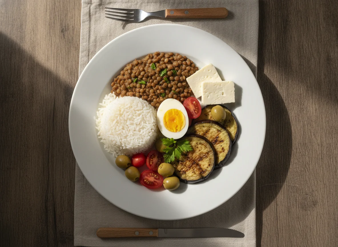 Prato feito com lentilha, arroz, ovo e berinjela photo