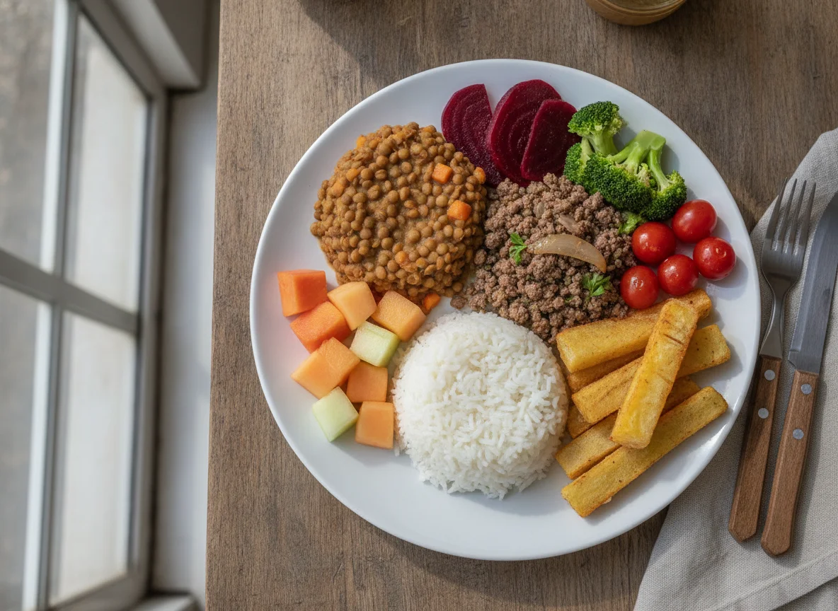 Prato Feito com Lentilha, Carne Moída e Vegetais photo