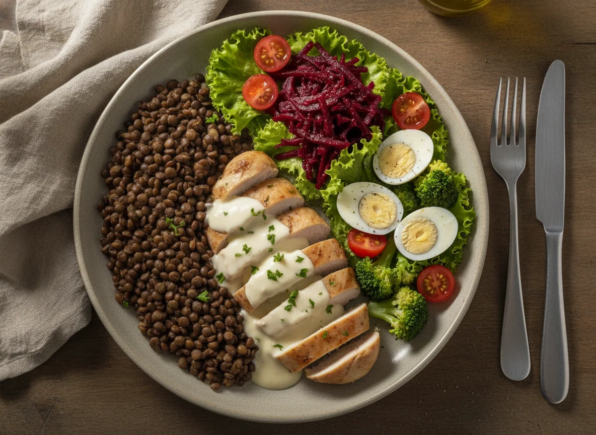 Prato Feito com Lentilha, Frango ao Molho Branco e Salada photo