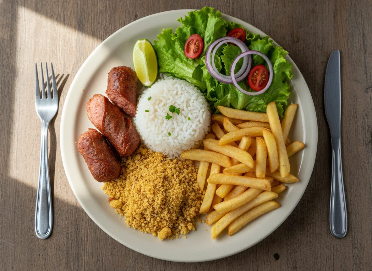 Prato feito com linguiça, arroz, farofa, batata frita e salada photo
