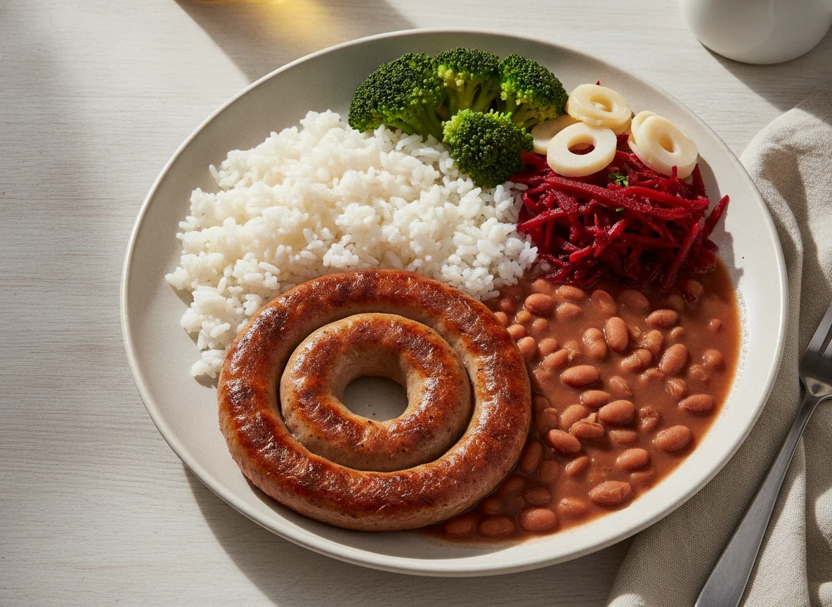 Prato feito com linguiça, arroz, feijão, brócolis, salada de beterraba e palmito photo