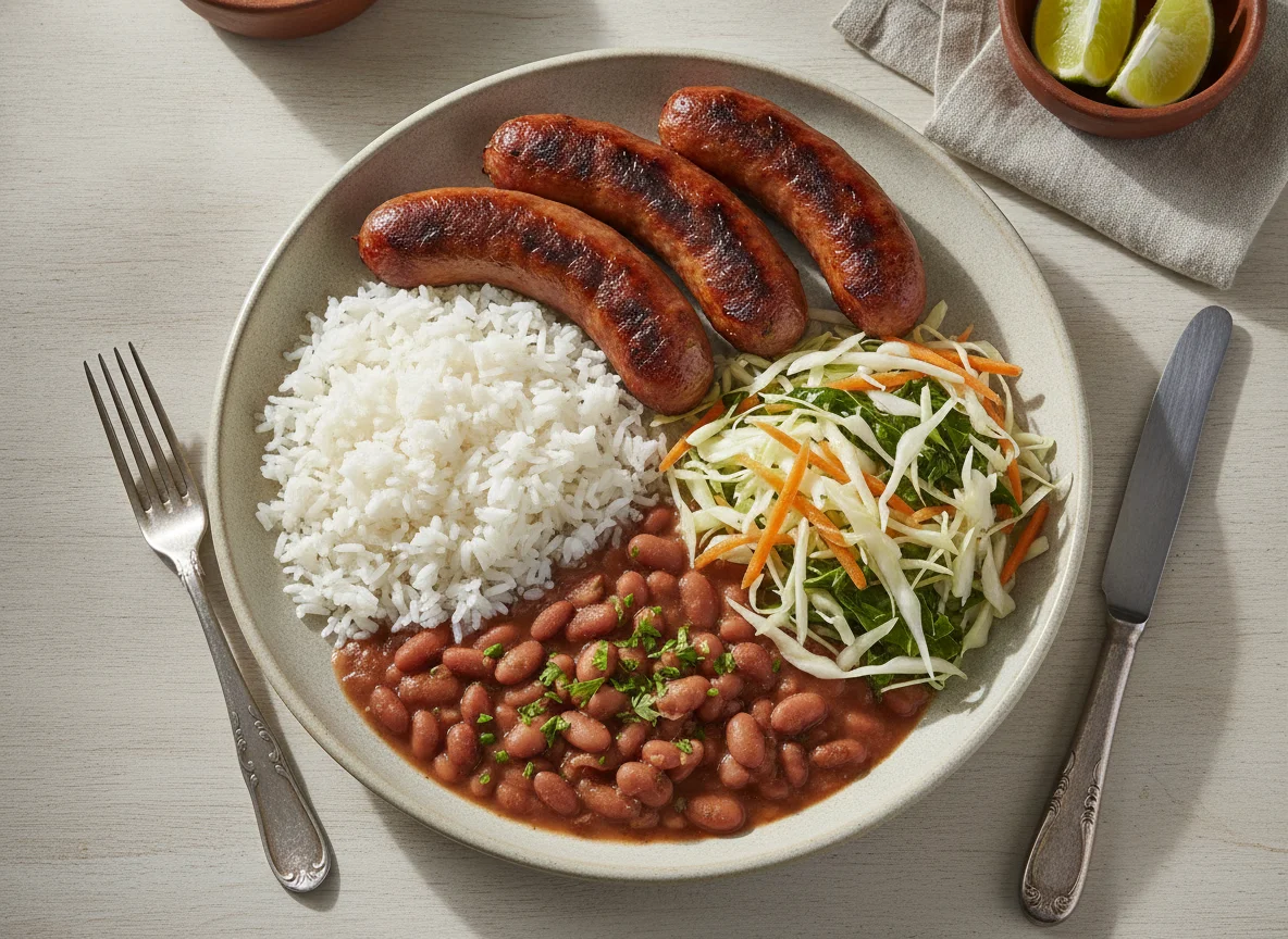 Prato Feito com Linguiça, Arroz, Feijão e Salada photo