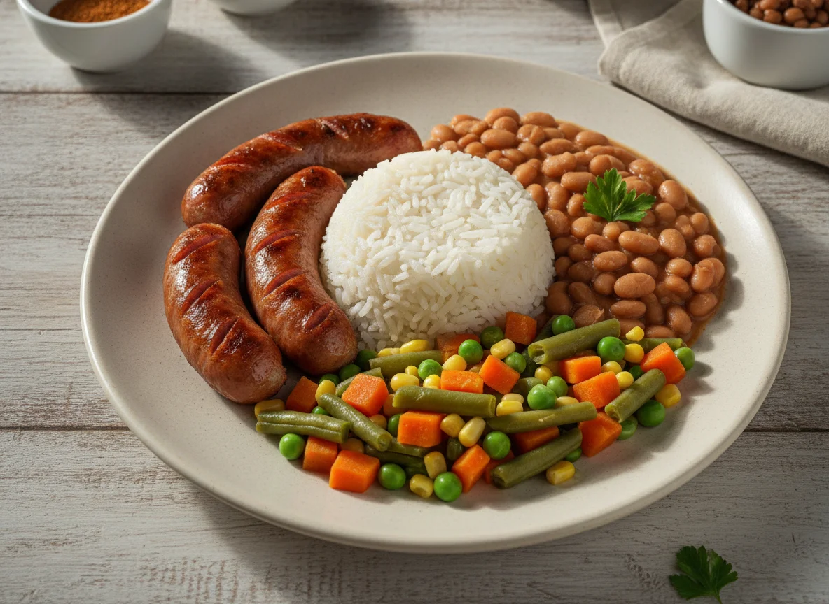 Prato feito com linguiça, arroz, feijão e seleta de legumes photo