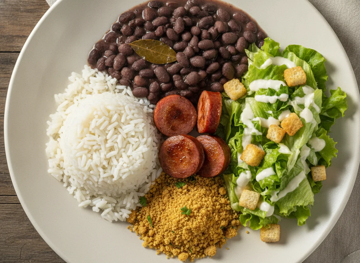 Prato Feito com Linguiça, Arroz, Feijão, Farofa e Salada photo
