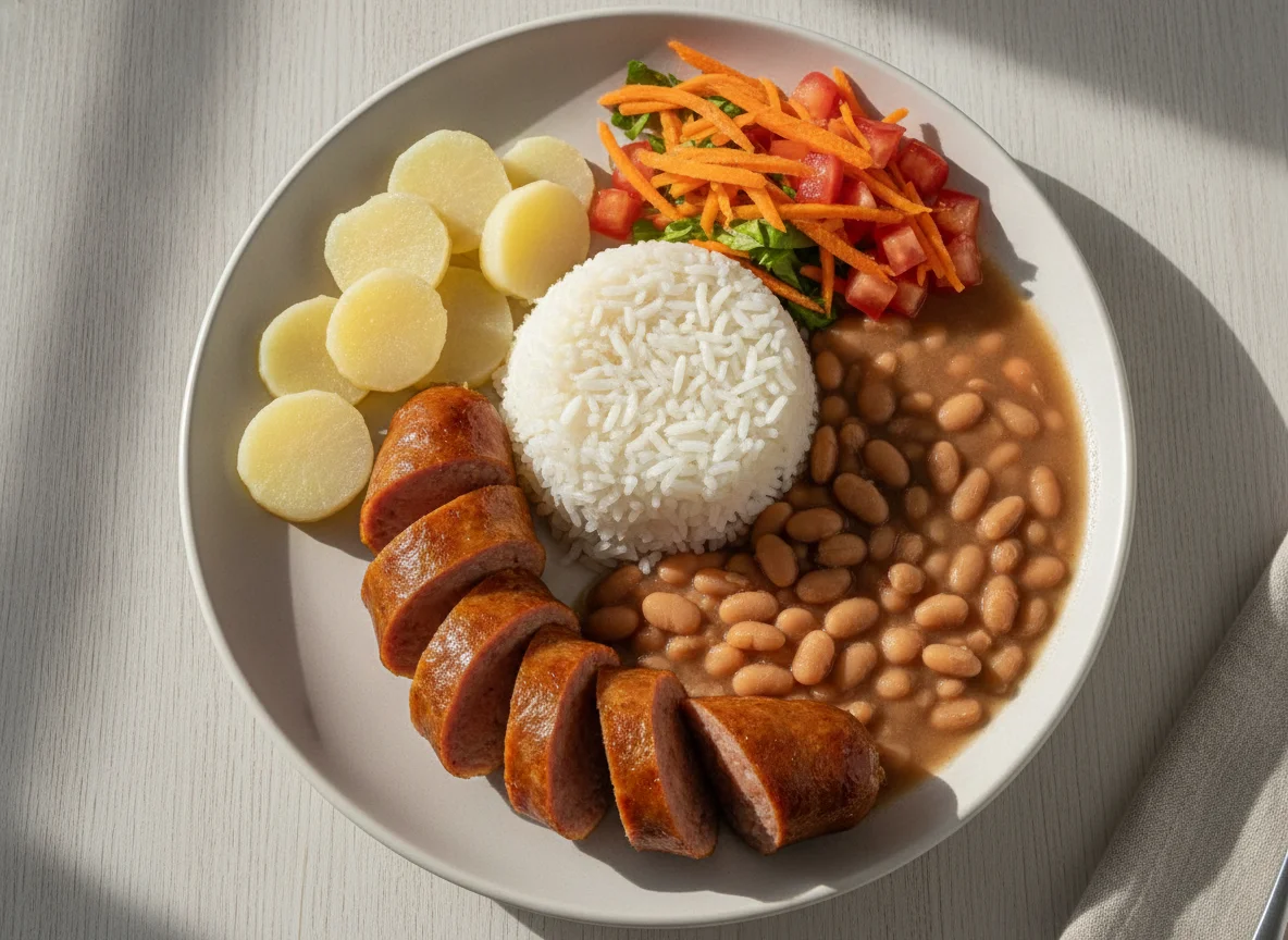 Prato feito com linguiça, arroz, feijão, mandioquinha e salada photo
