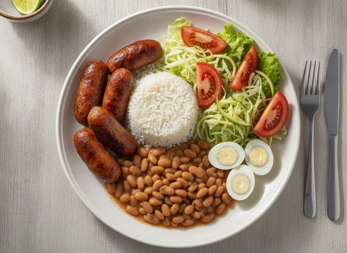 Prato Feito com Linguiça, Arroz, Feijão, Ovos de Codorna e Salada photo
