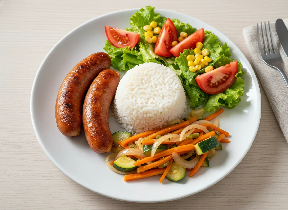 Prato feito com linguiça, arroz, legumes e salada photo
