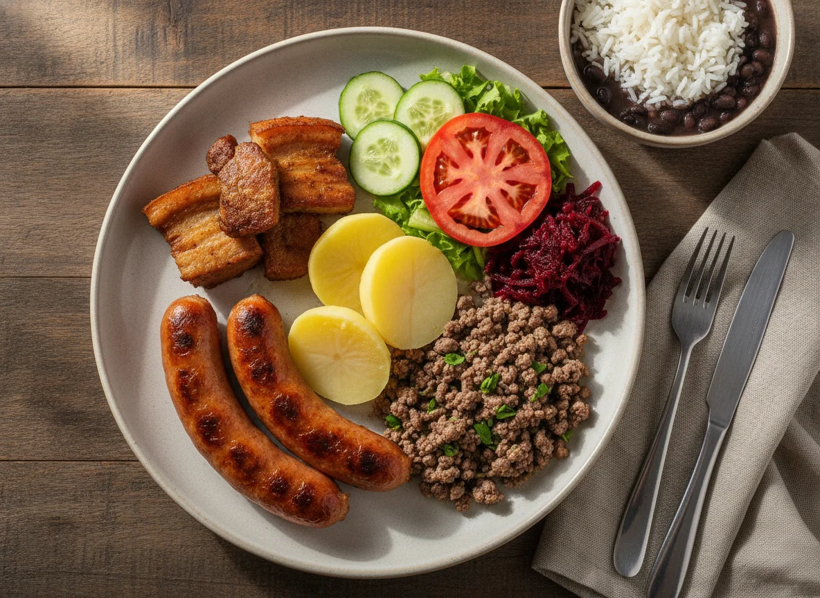 Prato Feito com Linguiça, Carne e Salada photo