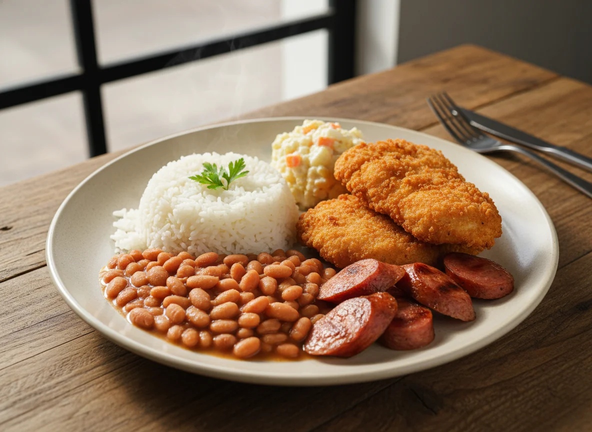 Prato feito com linguiça, frango frito, arroz, feijão e salada de maionese photo