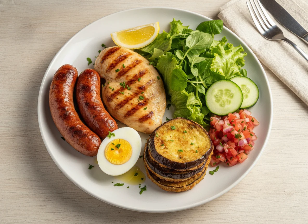 Prato feito com linguiça, frango grelhado, ovo e salada photo