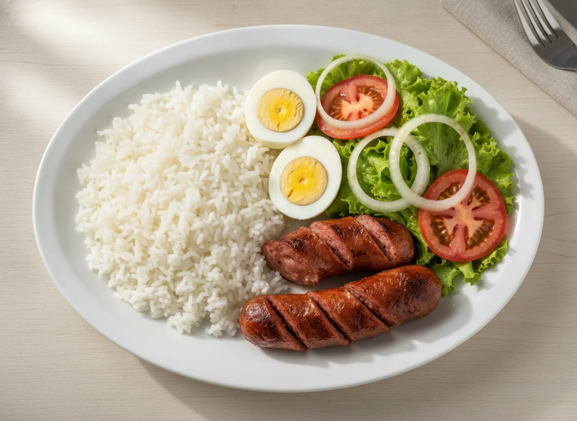 Prato feito com linguiça, ovo, arroz e salada photo