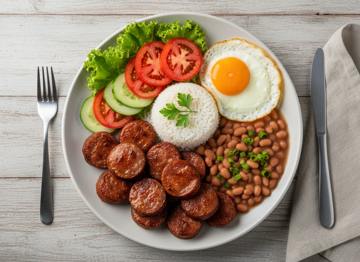 Prato feito com linguiça, ovo, arroz, feijão e salada photo