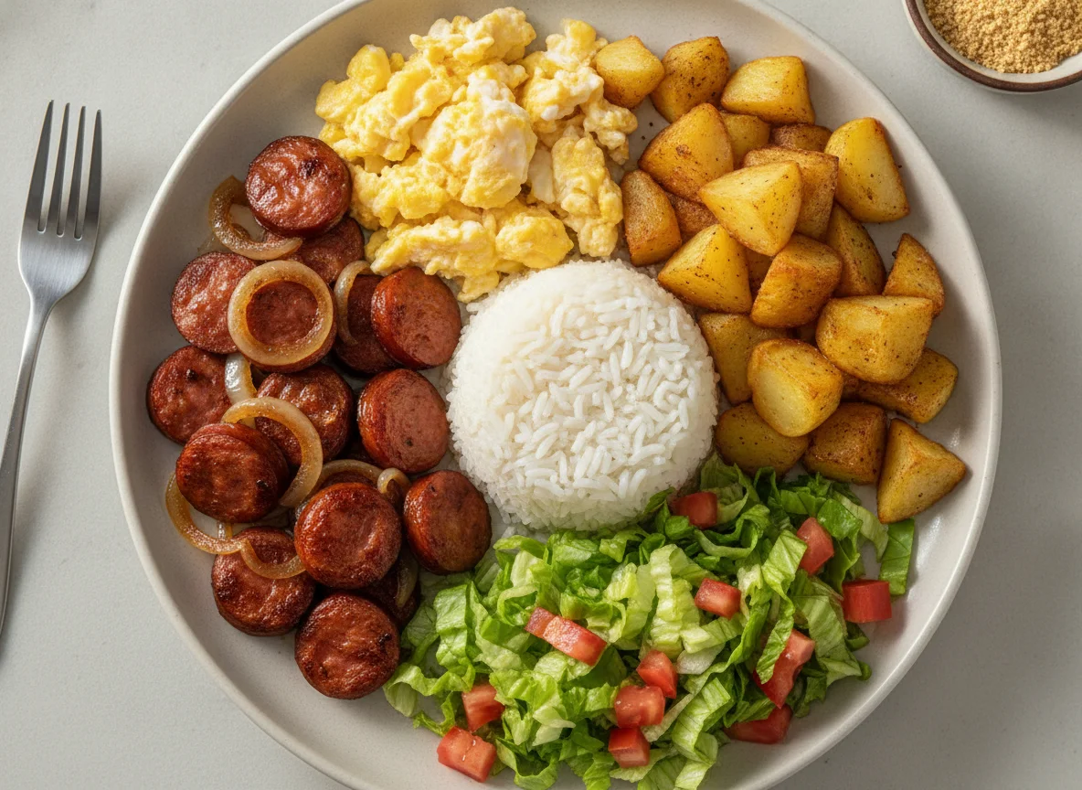 Prato feito com linguiça, ovos, arroz, batatas e salada photo