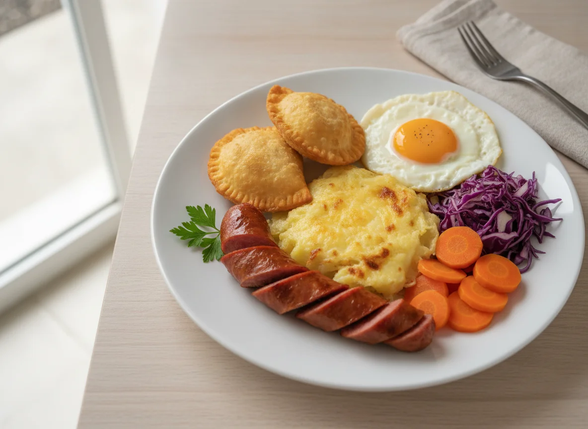Prato Feito com Linguiça, Pastel e Salada photo