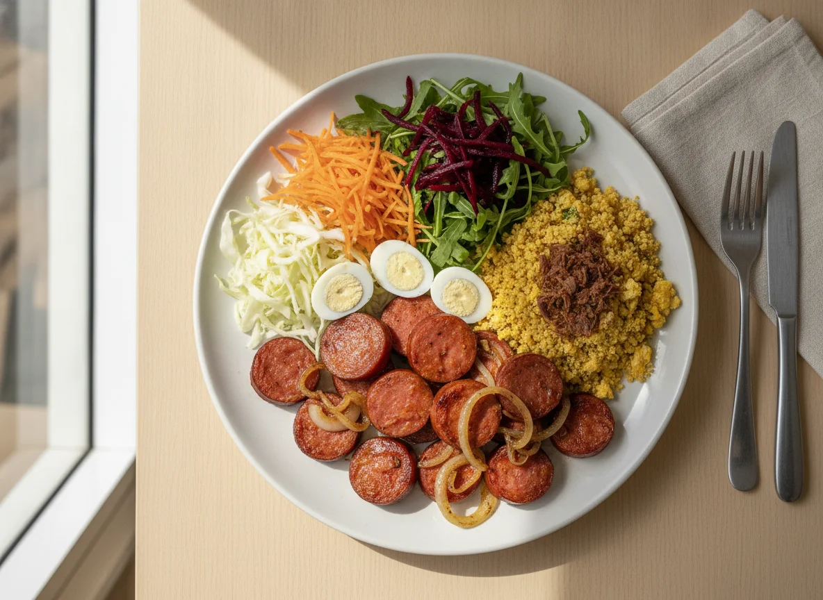 Prato Feito com Linguiça, Salada e Farofa photo