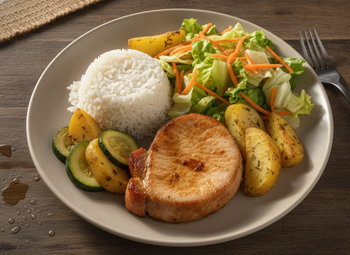 Prato feito com lombo de porco, arroz, batatas e salada photo