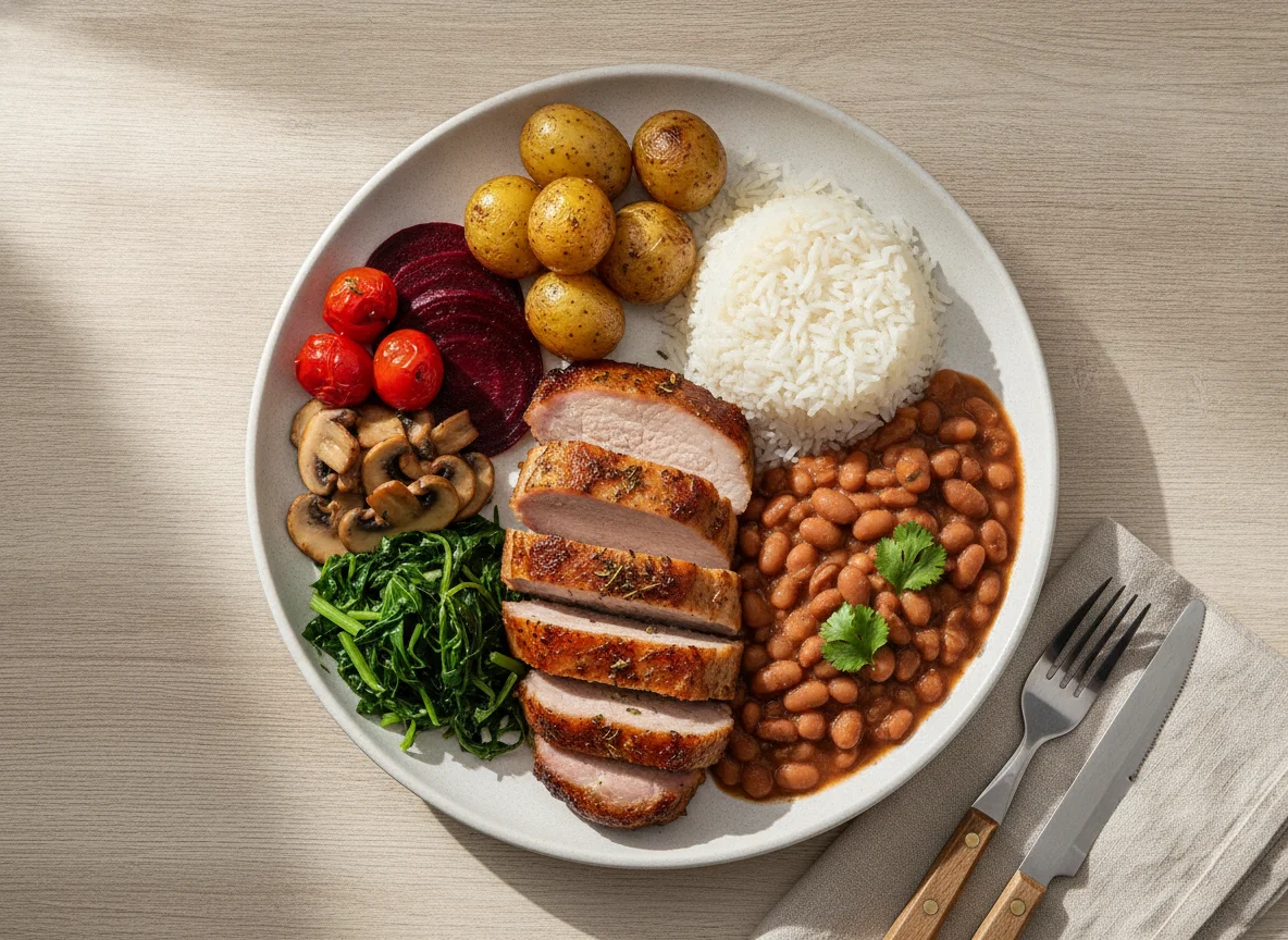 Prato Feito com Lombo de Porco, Arroz, Feijão e Saladas photo