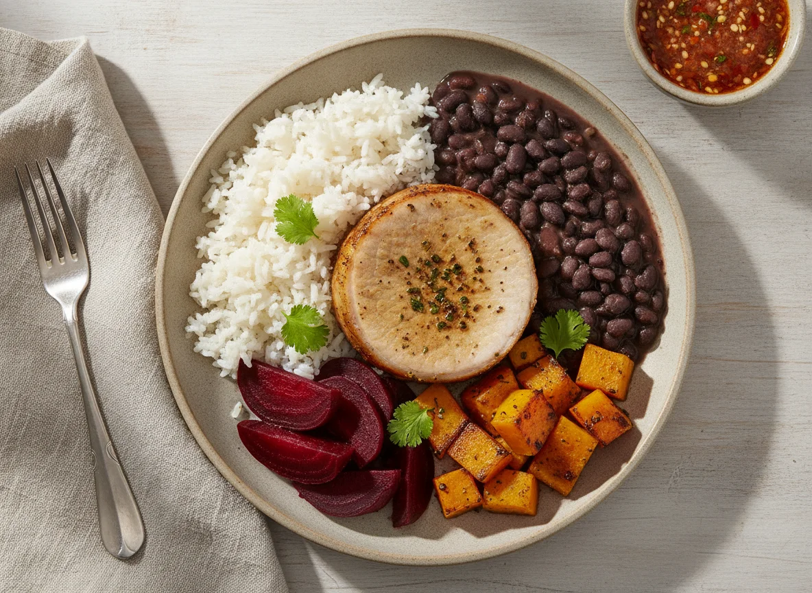 Prato feito com lombo de porco, arroz, feijão preto, beterraba e abóbora photo