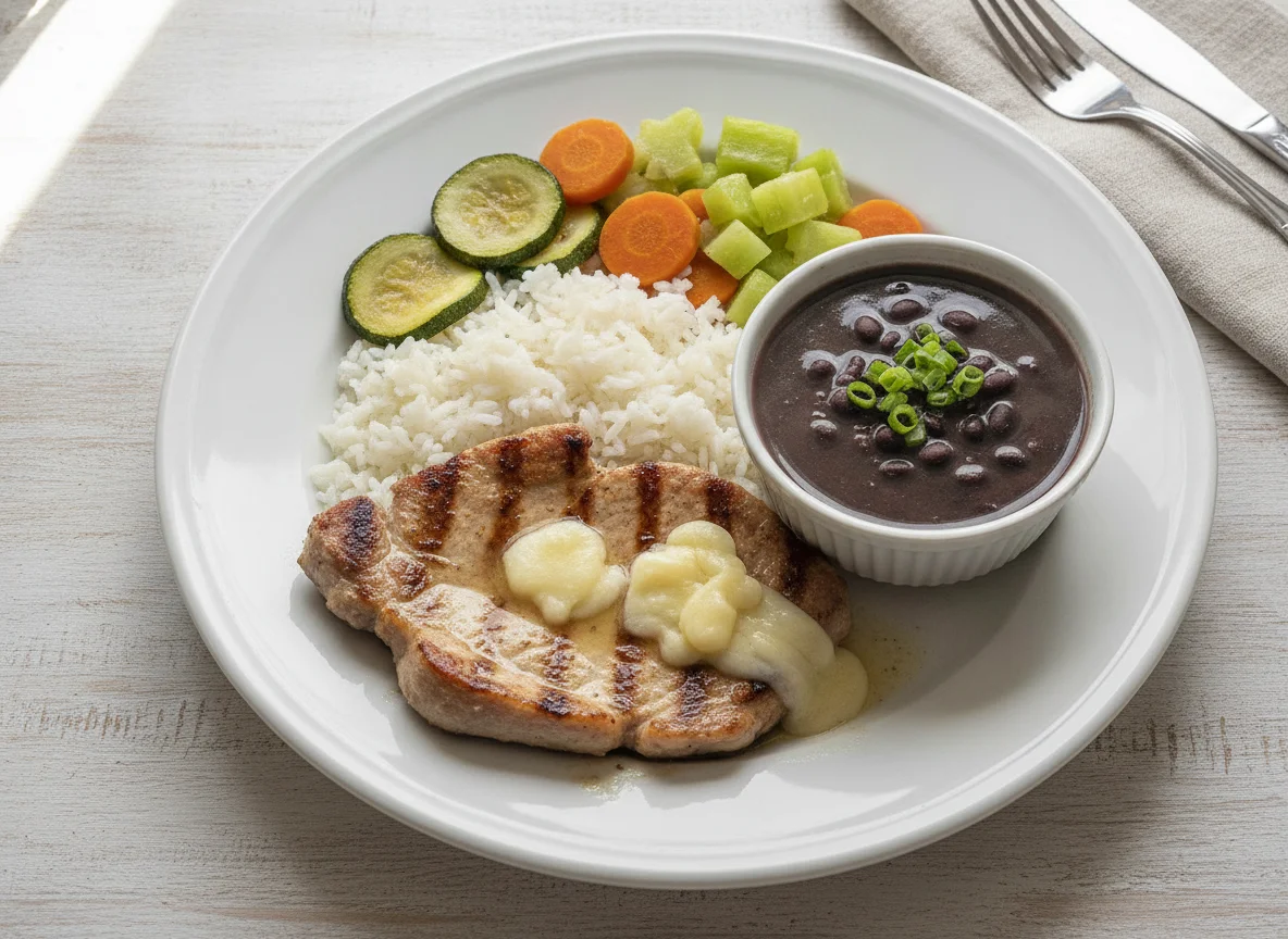 Prato feito com lombo de porco, arroz, feijão preto, legumes e queijo minas photo