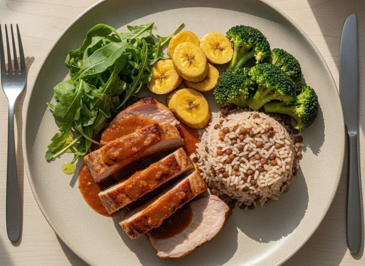 Prato feito com lombo de porco, arroz integral, brócolis, rúcula e banana cozida photo