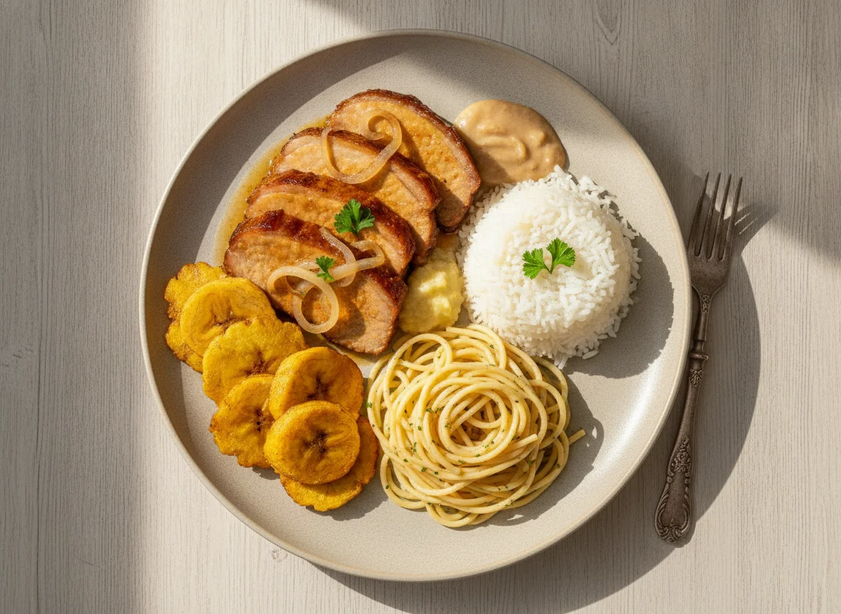 Prato Feito com Lombo de Porco, Arroz, Macarrão e Banana Frita photo