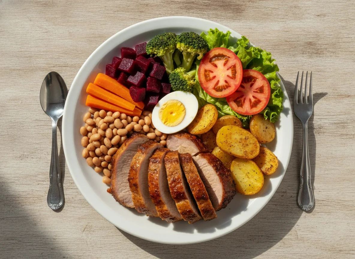 Prato feito com lombo de porco, batatas assadas, ovo e salada photo