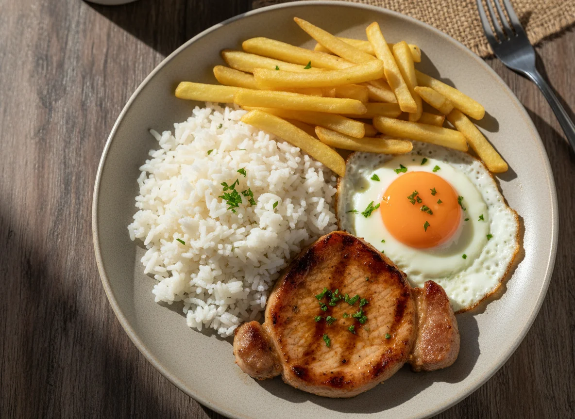Prato feito com lombo de porco, ovo, arroz e batata frita photo