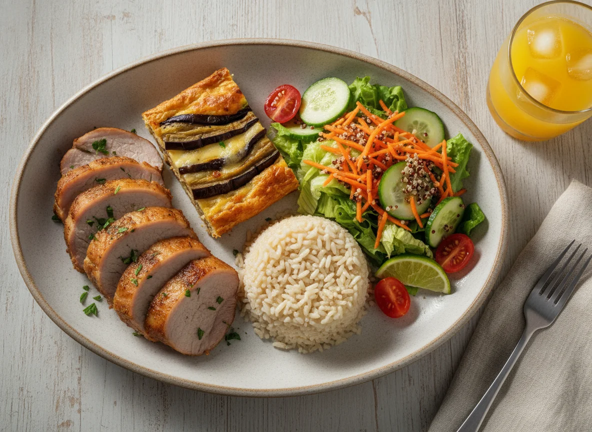 Prato Feito com Lombo de Porco, Torta de Legumes, Arroz Integral e Salada photo