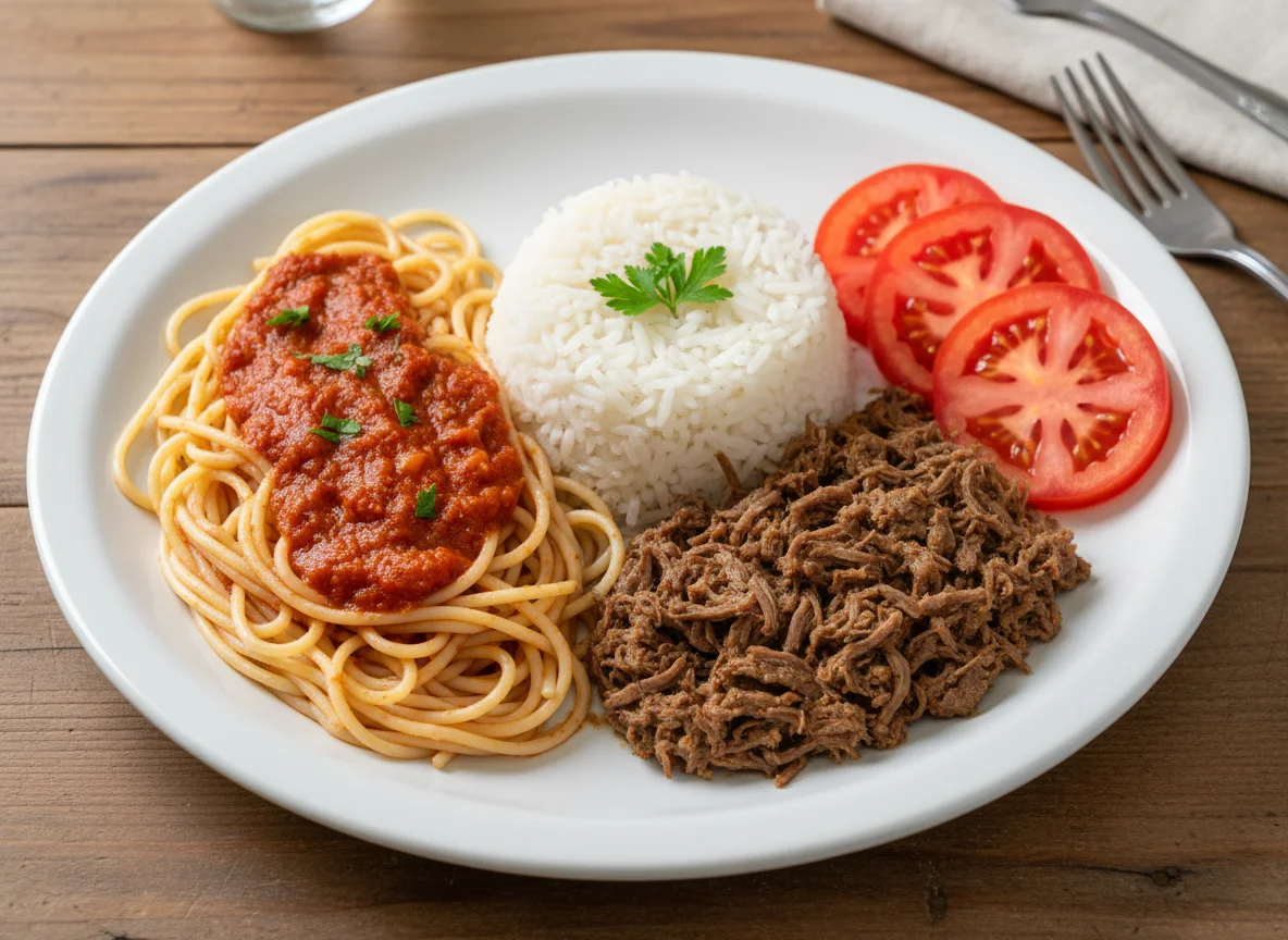 Prato feito com macarrão, arroz, carne e tomate photo