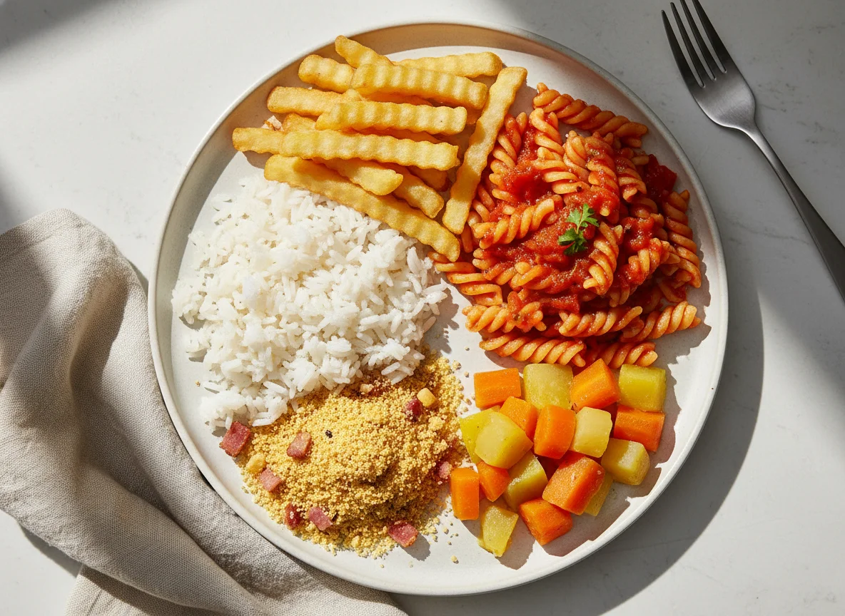 Prato feito com macarrão, arroz, farofa, batata frita e legumes photo