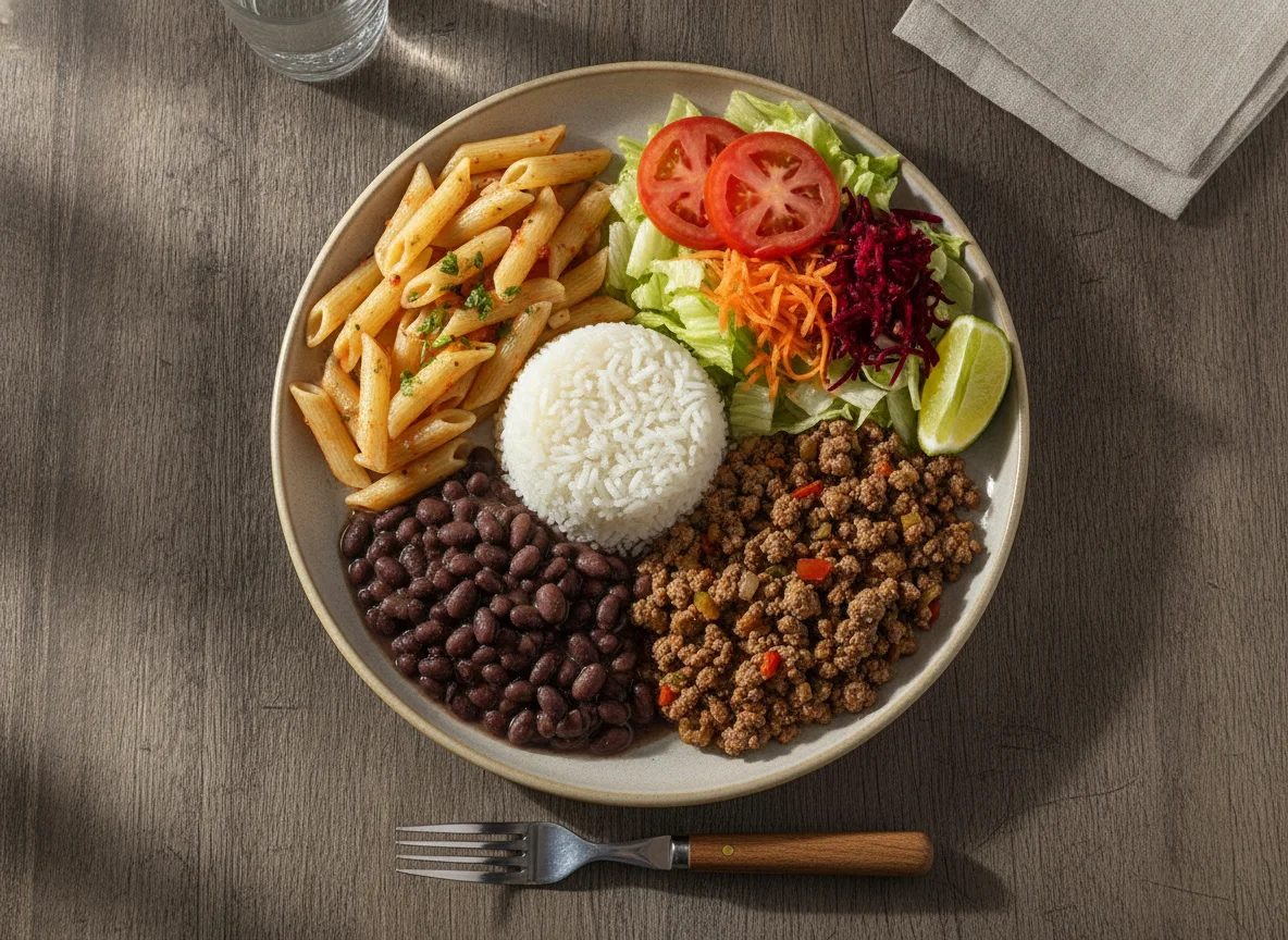 Prato feito com macarrão, arroz, feijão, carne moída e salada photo