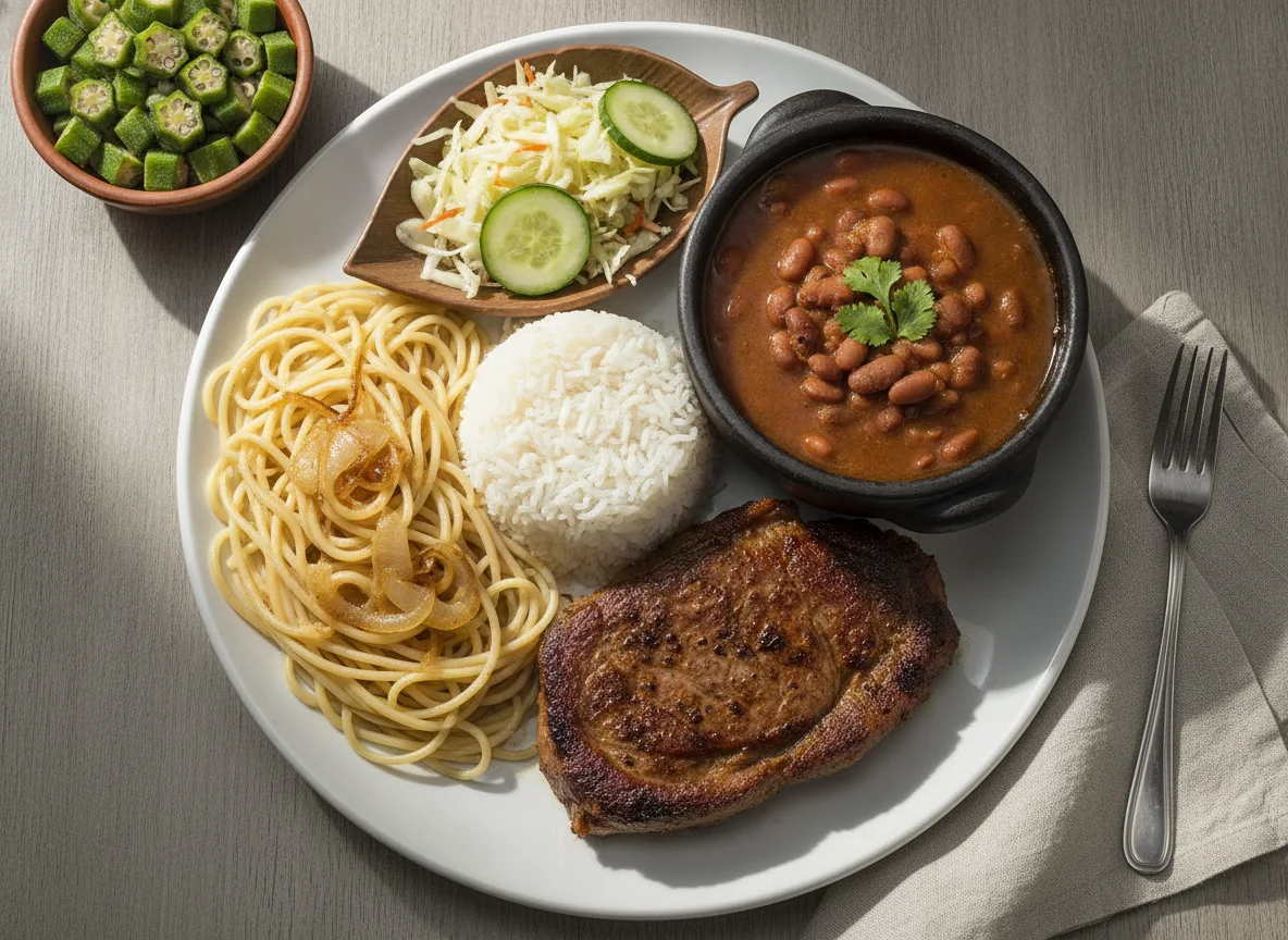Prato Feito com Macarrão, Arroz, Feijão e Carne photo