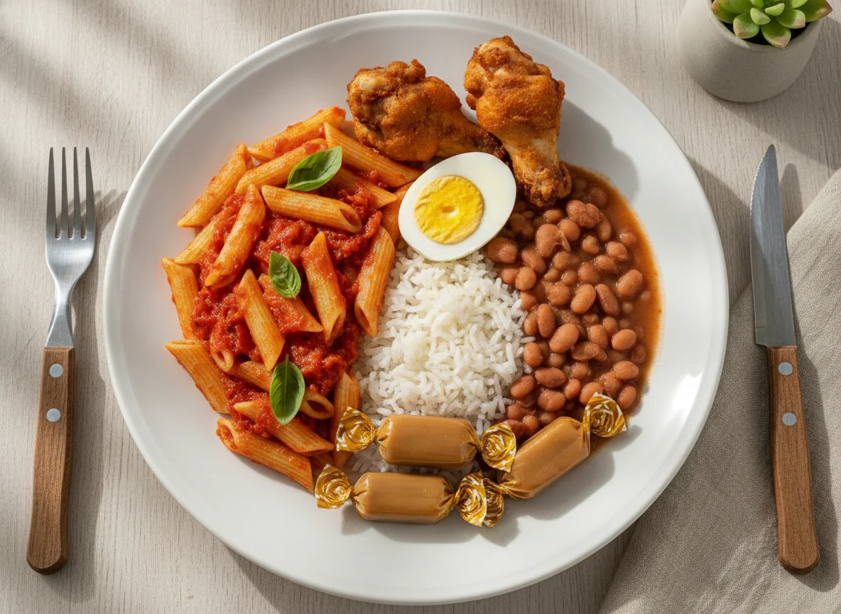 Prato feito com macarrão, arroz, feijão, ovos e frango photo