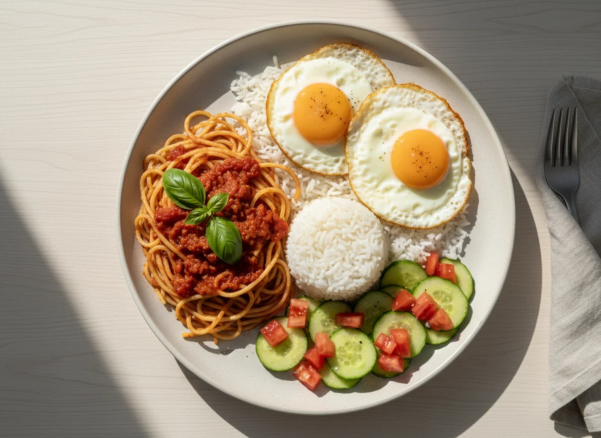 Prato feito com macarrão, arroz, ovos fritos e salada photo