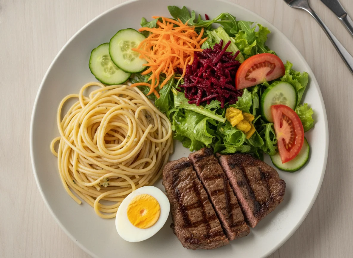 Prato feito com macarrão, carne bovina, ovo e salada mista photo