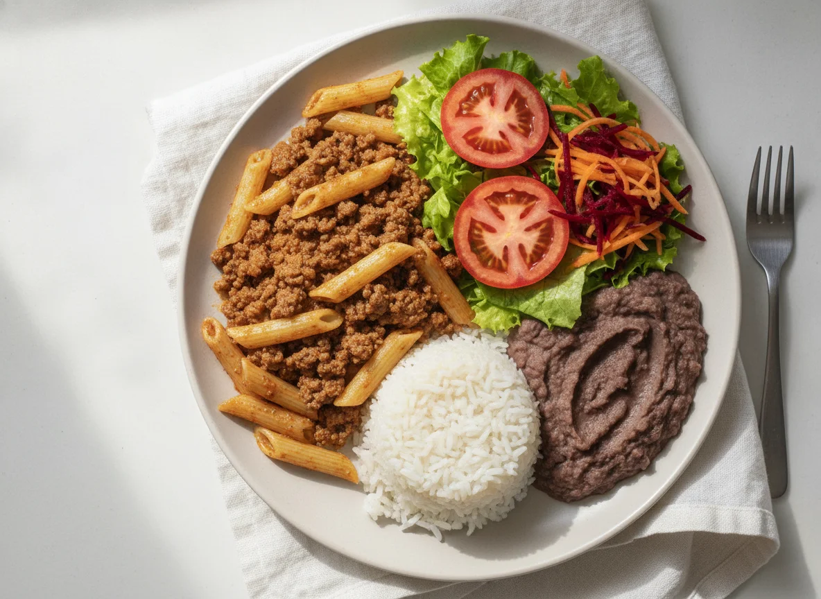 Prato feito com macarrão, carne moída, arroz, virado de feijão e salada photo