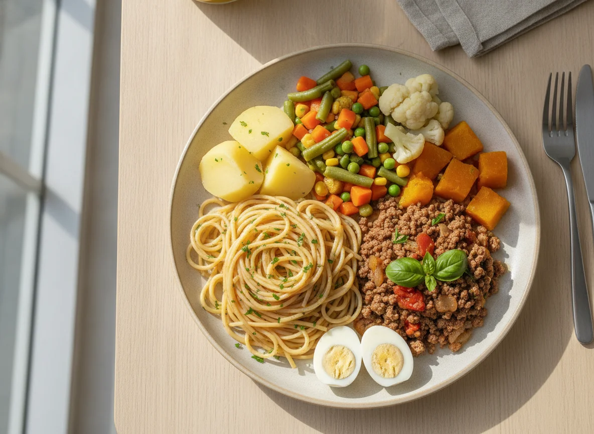Prato feito com macarrão, carne moída e legumes cozidos photo