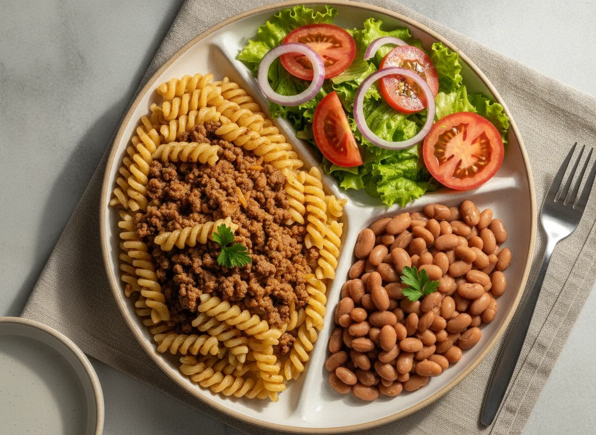 Prato feito com macarrão, carne moída, feijão e salada photo