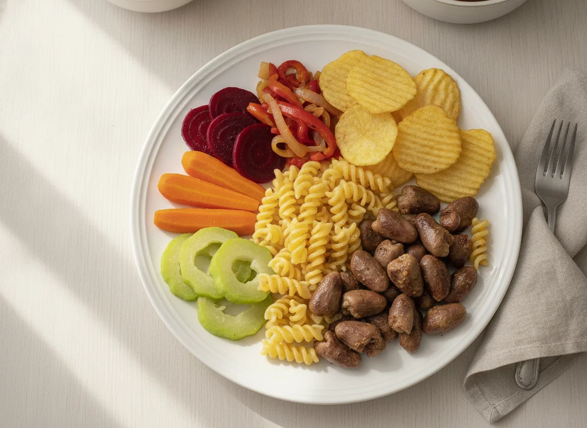 Prato Feito com Macarrão, Coração de Frango e Vegetais photo