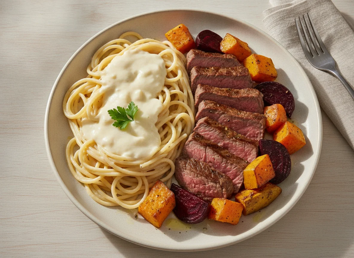 Prato feito com macarrão cremoso, legumes assados e carne bovina photo