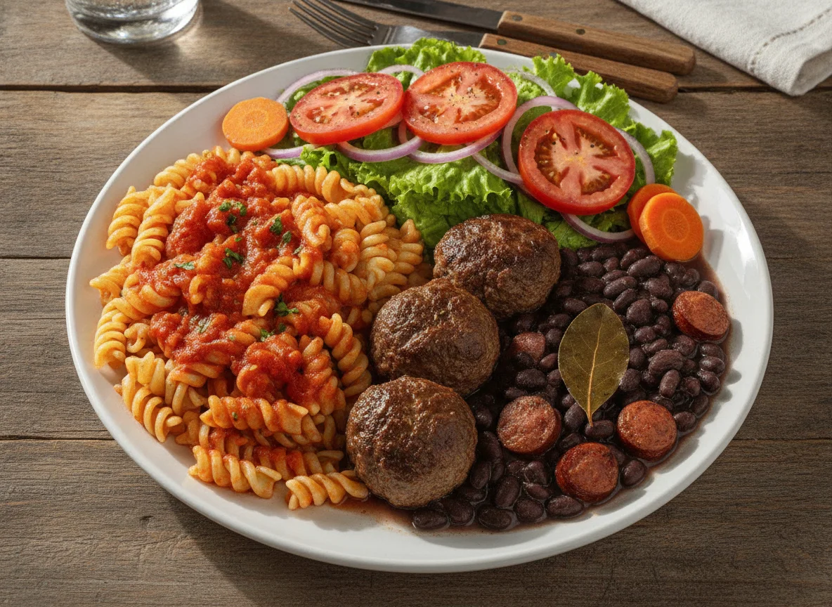 Prato feito com macarrão, feijão, almôndegas e salada photo