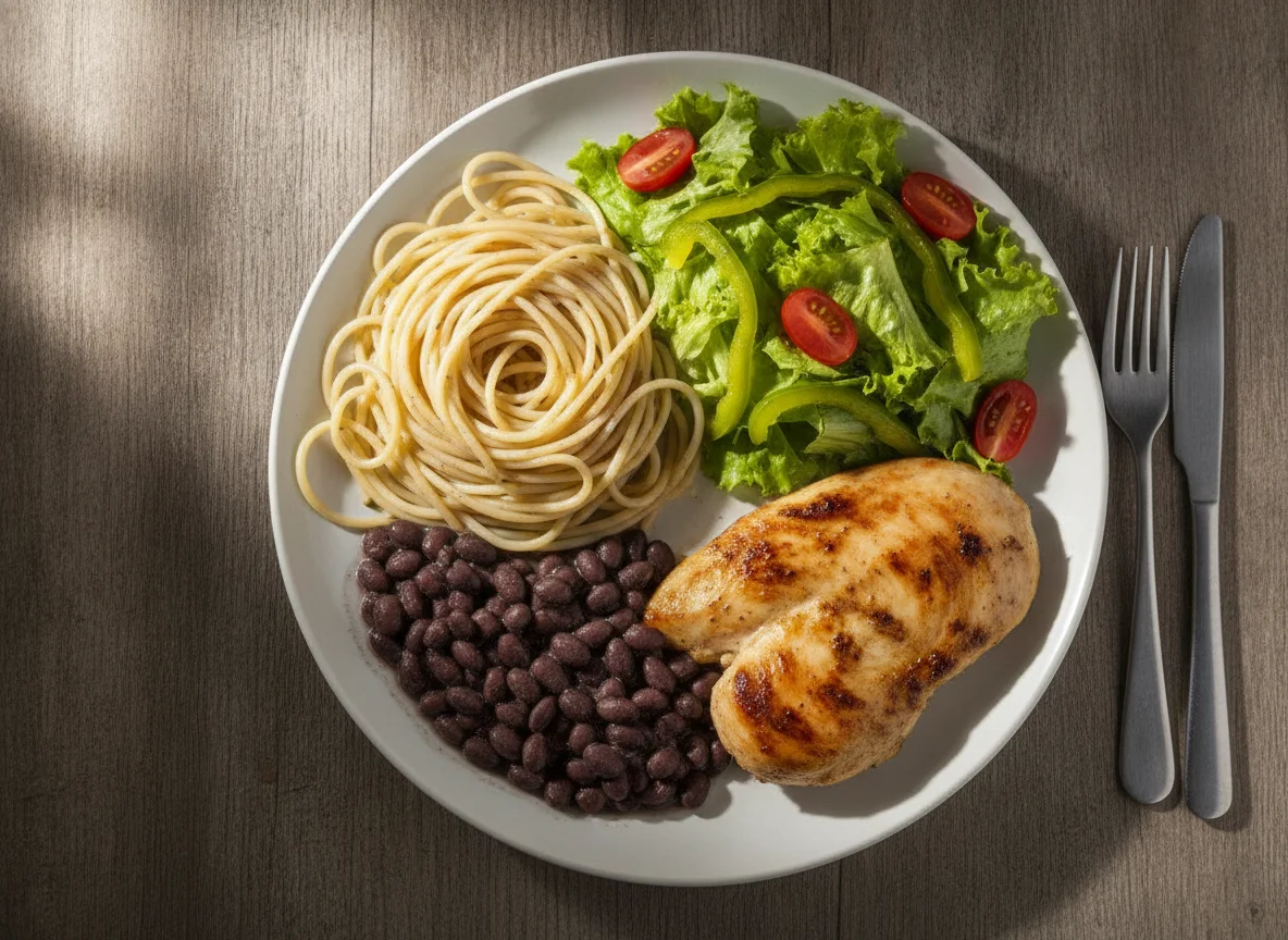 Prato feito com macarrão, feijão, frango e salada photo
