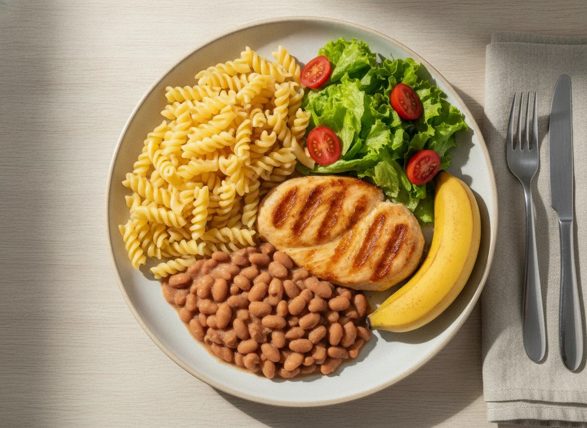 Prato feito com macarrão, feijão, frango grelhado, salada e banana photo