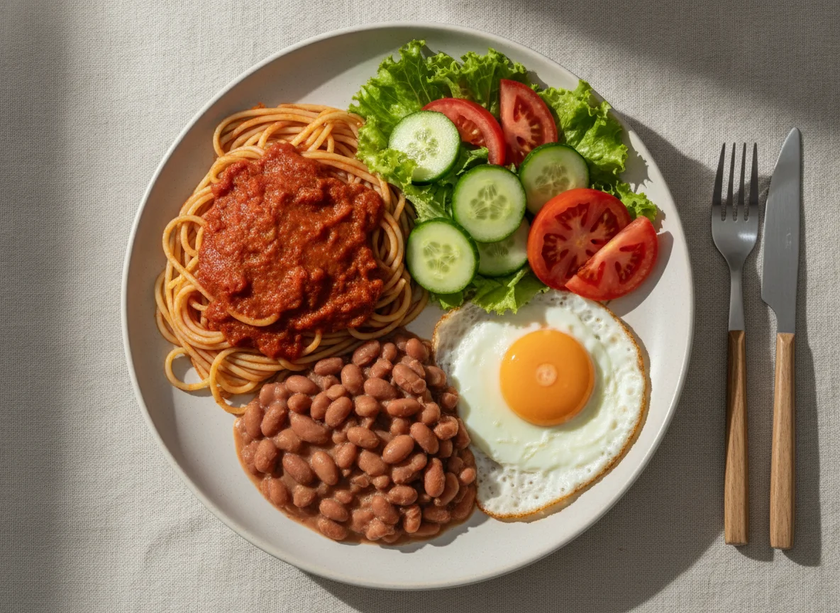 Prato Feito com Macarrão, Feijão, Ovo e Salada photo