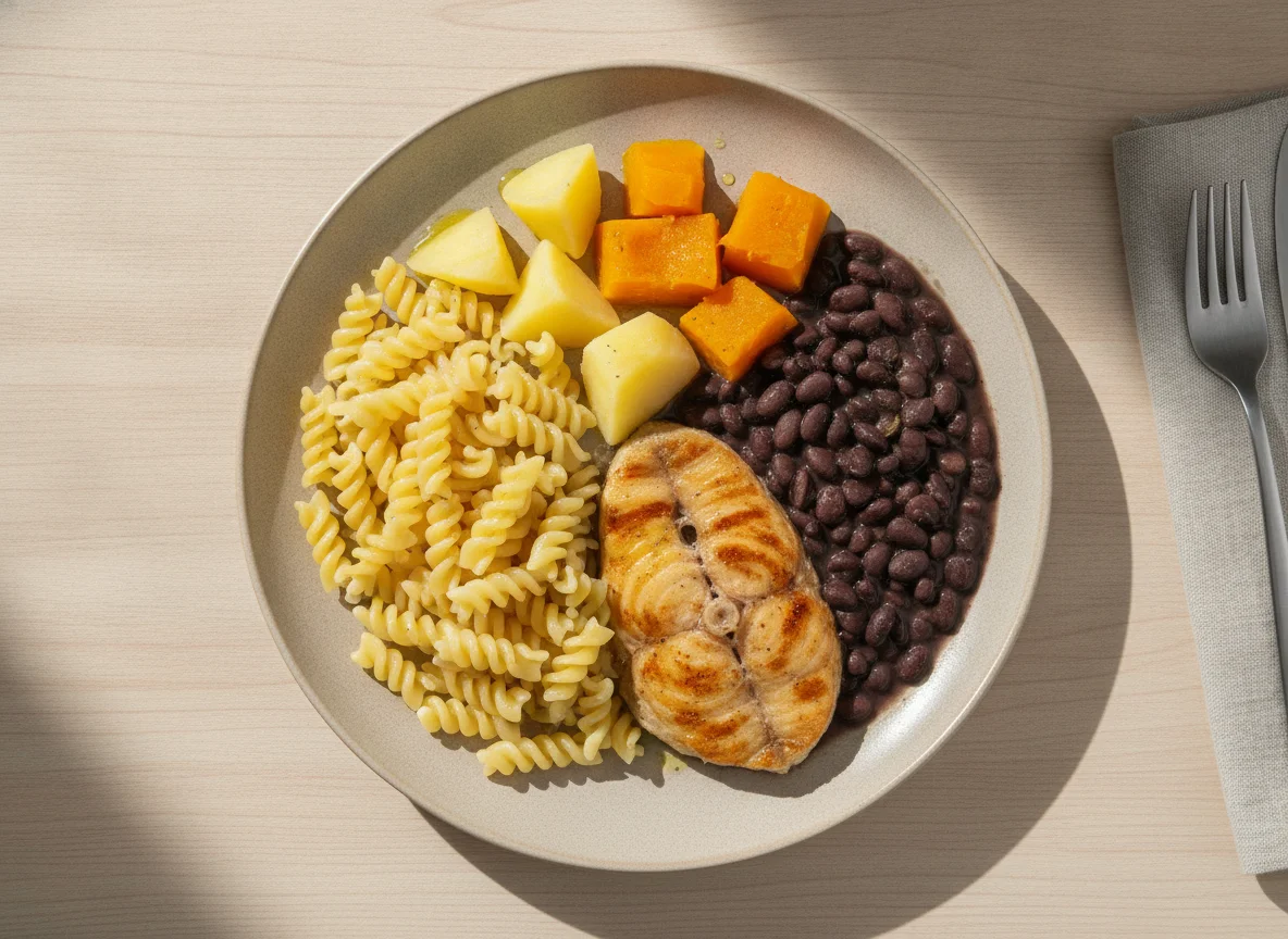 Prato feito com macarrão, feijão preto, peixe e legumes photo
