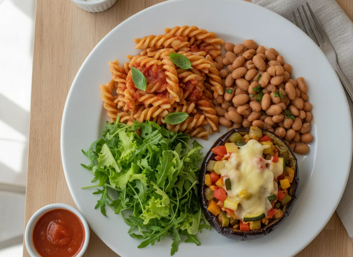 Prato feito com macarrão, feijão, salada e berinjela recheada photo