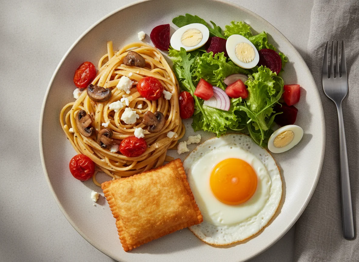 Prato feito com macarrão, pastel, ovo e salada photo