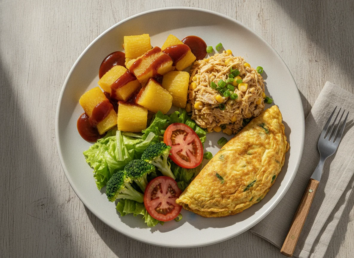 Prato Feito com Mandioca, Frango Desfiado e Omelete photo
