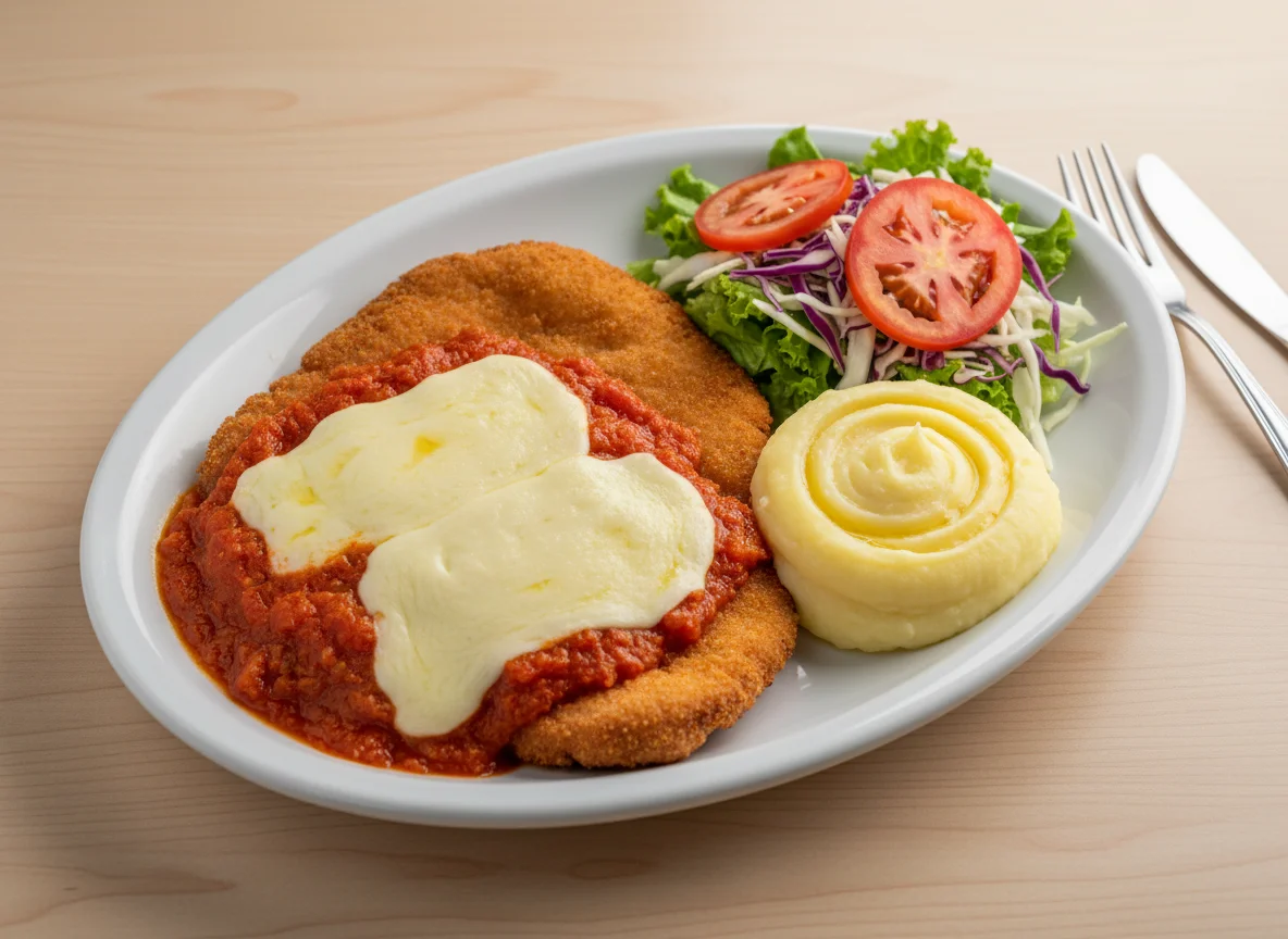Prato feito com milanesa, purê e salada photo
