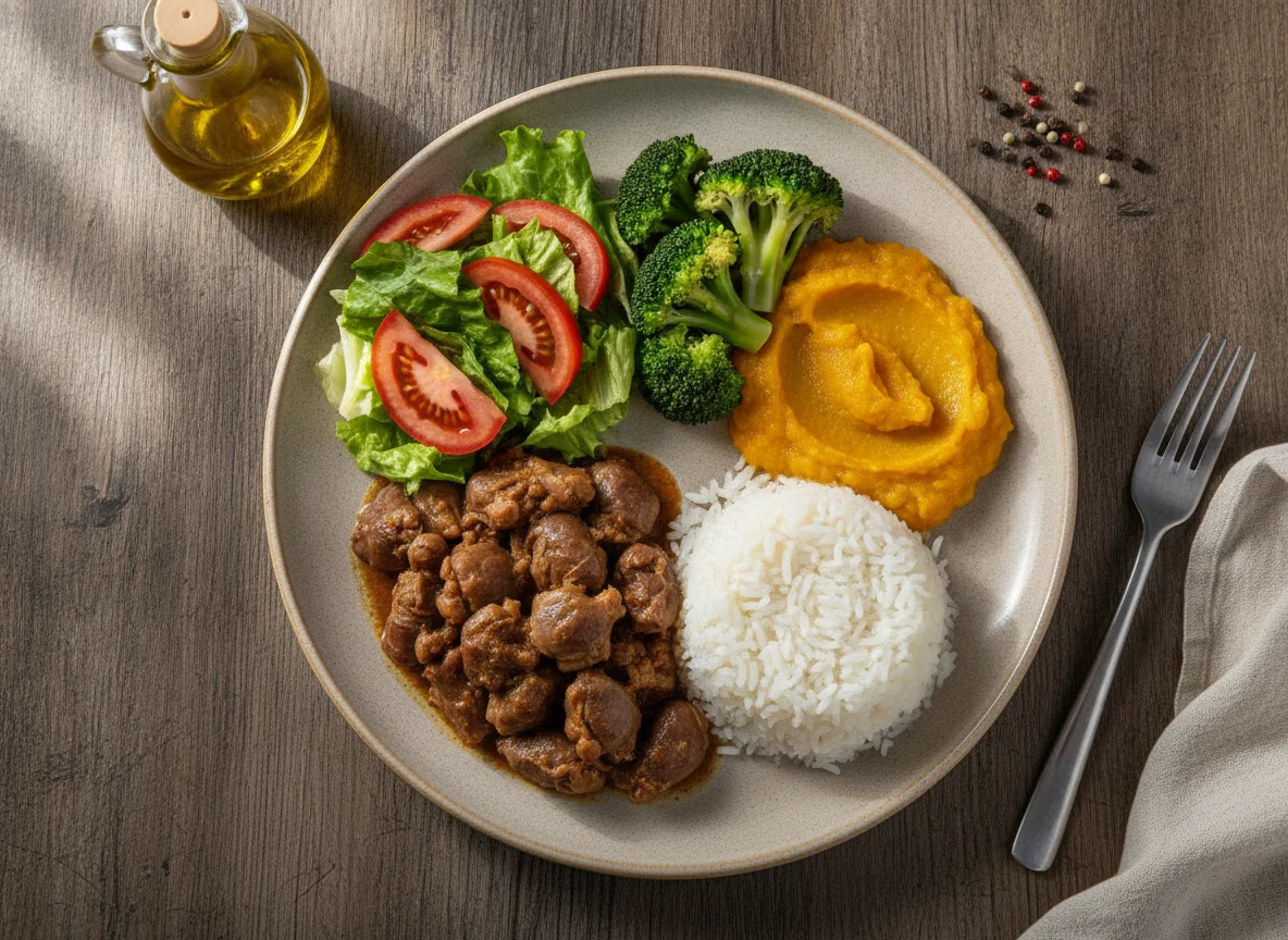 Prato feito com moela de frango, arroz, purê de abóbora, brócolis e salada photo